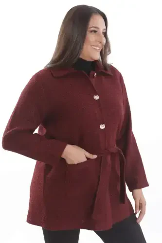 Plus Size Pocket Detail Belted Button-Up Burgundy Jacket - 1