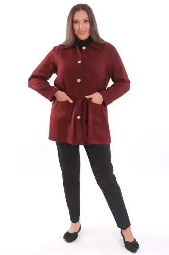 Plus Size Pocket Detail Belted Button-Up Burgundy Jacket - 4