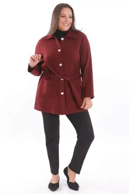 Plus Size Pocket Detail Belted Button-Up Burgundy Jacket - 5