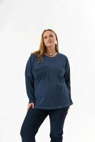 Plus Size Pocket Detail Piece Dye Sweatshirt Indigo - 1