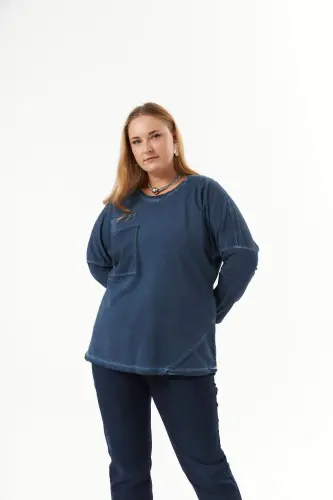 Plus Size Pocket Detail Piece Dye Sweatshirt Indigo - BÜYÜKBEDENIZ (1)