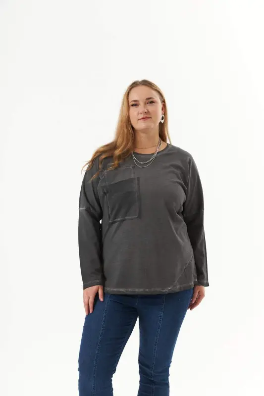 Plus Size Pocket Detail Piece Dye Sweatshirt Smoke Gray - BÜYÜKBEDENIZ