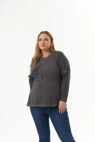 Plus Size Pocket Detail Piece Dye Sweatshirt Smoke Gray - BÜYÜKBEDENIZ (1)