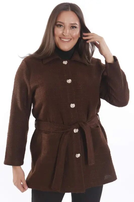 Plus Size Pocket Detailed Belted Button Closure Brown Jacket - 1