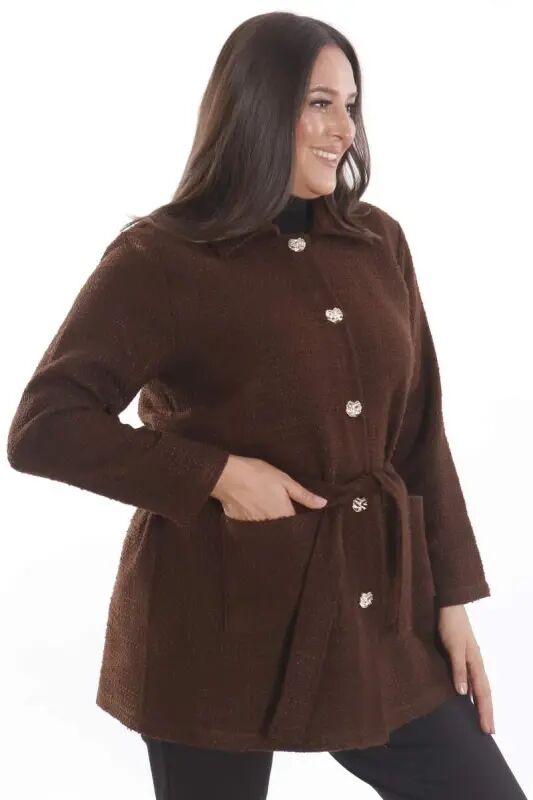 Plus Size Pocket Detailed Belted Button Closure Brown Jacket - 3