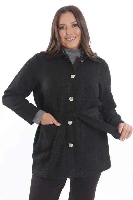 Plus Size Pocket Detailed Belted Buttoned Black Jacket - BÜYÜKBEDENIZ