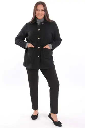 Plus Size Pocket Detailed Belted Buttoned Black Jacket - BÜYÜKBEDENIZ (1)