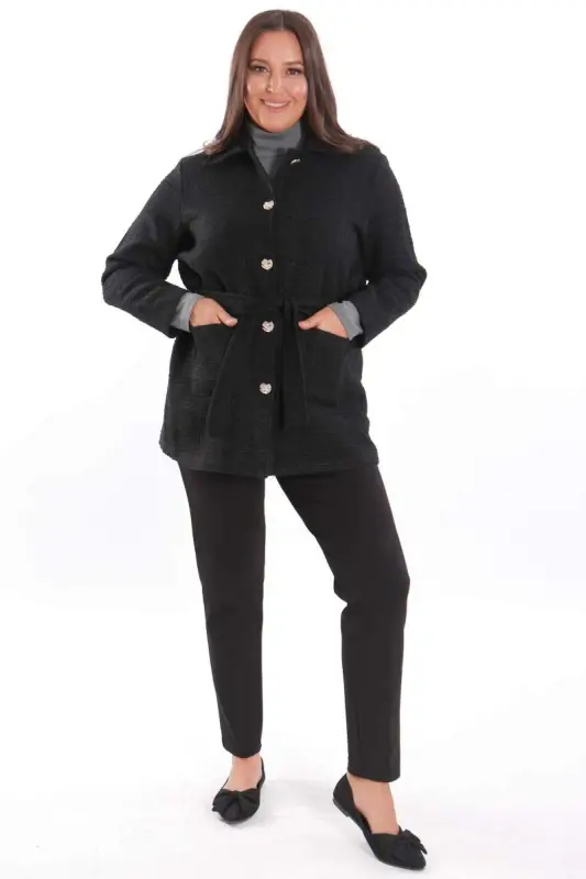 Plus Size Pocket Detailed Belted Buttoned Black Jacket - 2