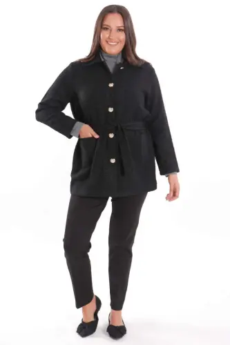 Plus Size Pocket Detailed Belted Buttoned Black Jacket - 4