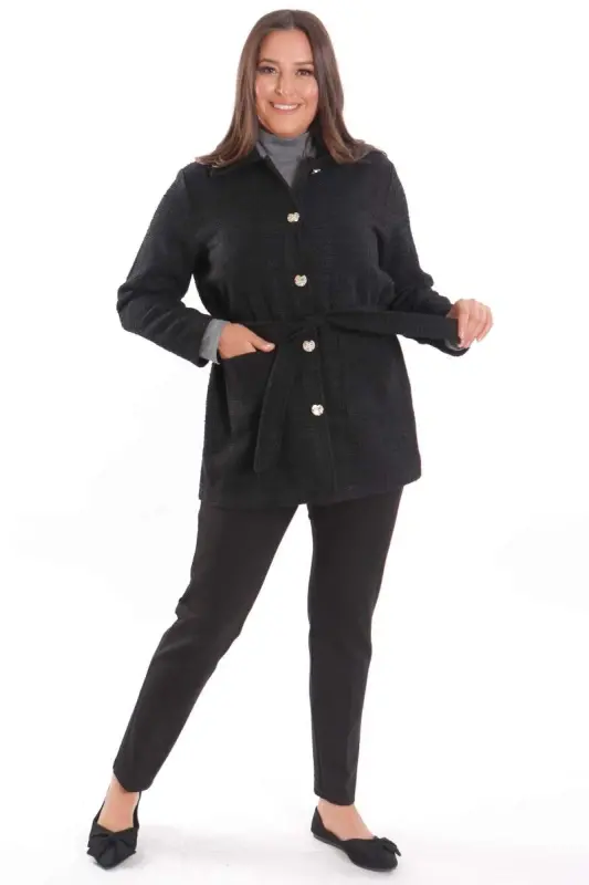 Plus Size Pocket Detailed Belted Buttoned Black Jacket - 5