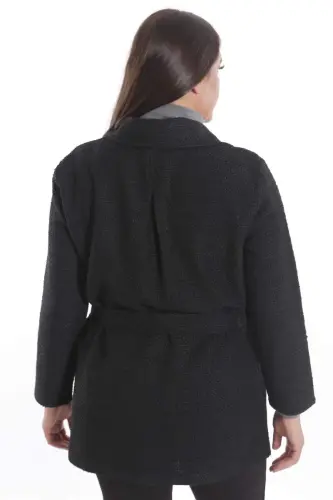 Plus Size Pocket Detailed Belted Buttoned Black Jacket - 6