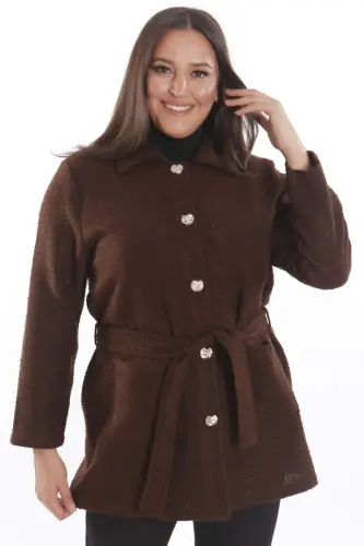 Plus Size Pocket Detailed Belted Buttoned Brown Jacket - 1
