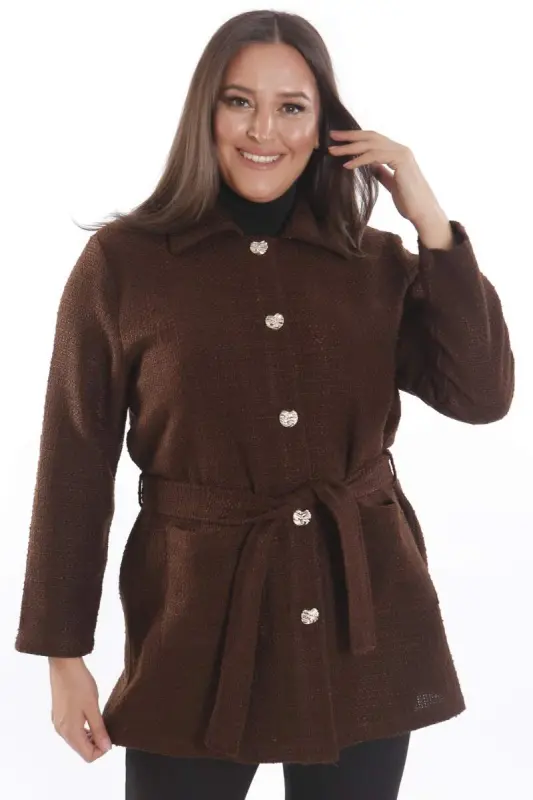Plus Size Pocket Detailed Belted Buttoned Brown Jacket - 1