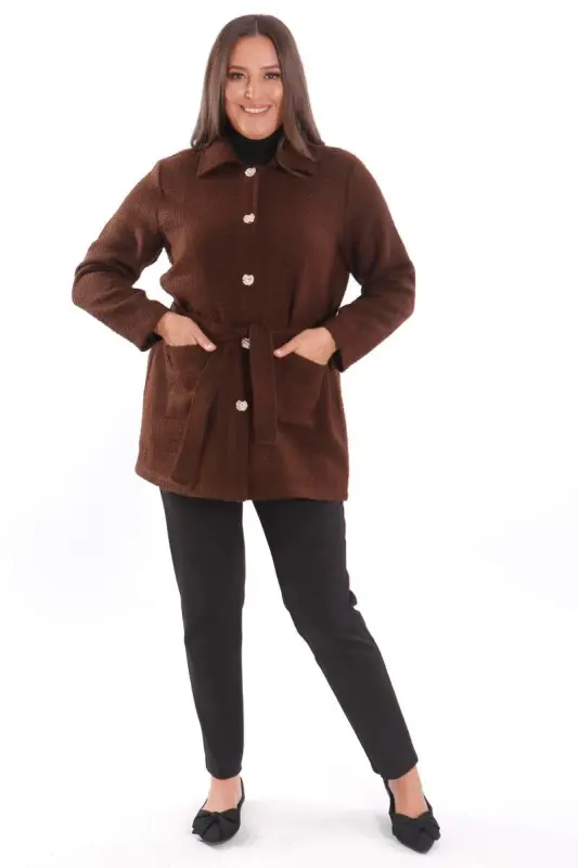 Plus Size Pocket Detailed Belted Buttoned Brown Jacket - 2