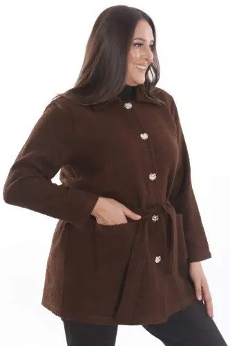 Plus Size Pocket Detailed Belted Buttoned Brown Jacket - 3