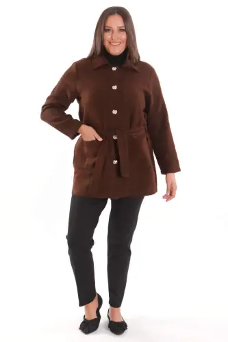 Plus Size Pocket Detailed Belted Buttoned Brown Jacket - 4