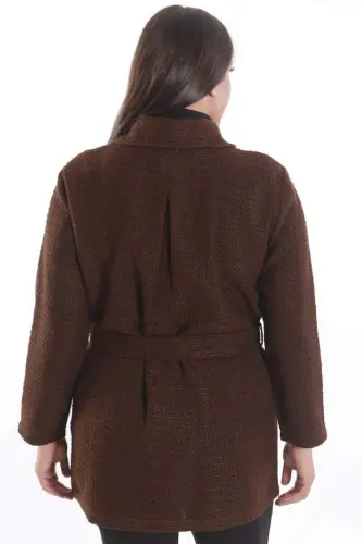 Plus Size Pocket Detailed Belted Buttoned Brown Jacket - 5