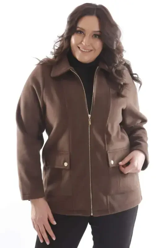 Plus Size Pocket Detailed Zippered Brown Wool Coat - 1