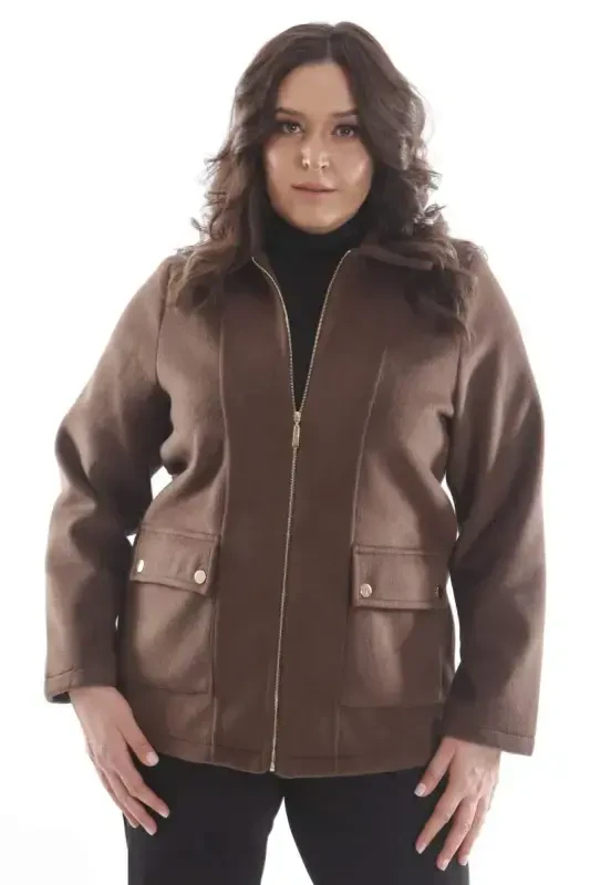 Plus Size Pocket Detailed Zippered Brown Wool Coat - 3