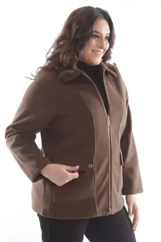Plus Size Pocket Detailed Zippered Brown Wool Coat - 4