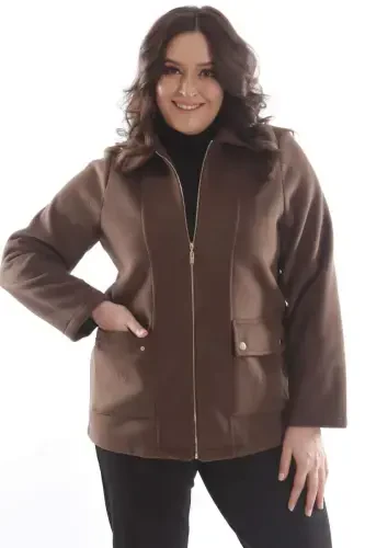 Plus Size Pocket Detailed Zippered Brown Wool Coat - 5