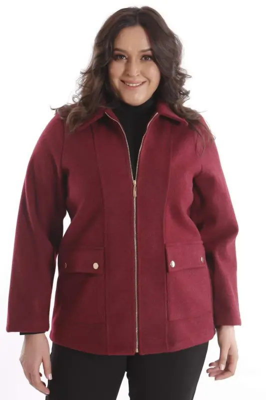 Plus Size Pocket Detailed Zippered Burgundy Wool Coat - 1