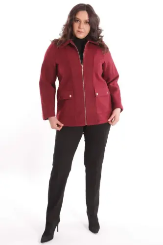 Plus Size Pocket Detailed Zippered Burgundy Wool Coat - BÜYÜKBEDENIZ (1)