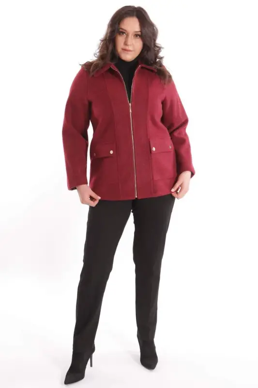 Plus Size Pocket Detailed Zippered Burgundy Wool Coat - 2