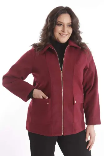 Plus Size Pocket Detailed Zippered Burgundy Wool Coat - 3