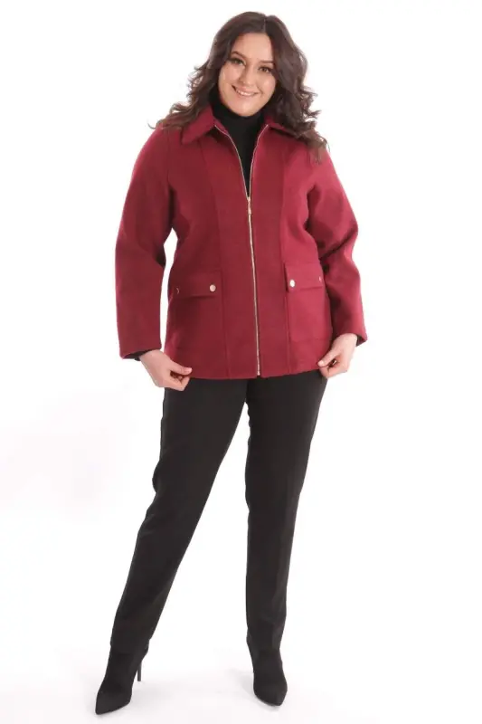 Plus Size Pocket Detailed Zippered Burgundy Wool Coat - 4