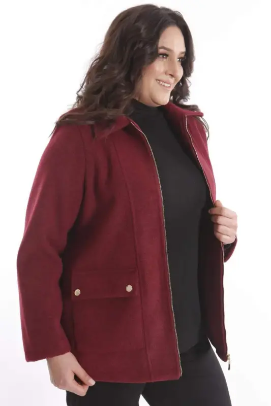 Plus Size Pocket Detailed Zippered Burgundy Wool Coat - 5