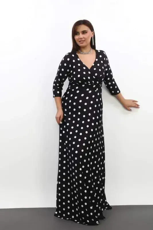 Plus Size Polka Dot Maxi Stretch Dress 3070 - BÜYÜKBEDENIZ