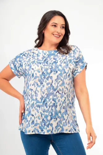 Plus Size Print V-neck Pullover Blue Blouse - 1