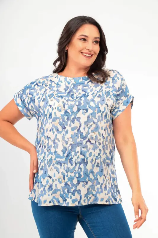 Plus Size Print V-neck Pullover Blue Blouse - BÜYÜKBEDENIZ