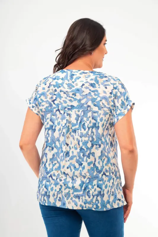 Plus Size Print V-neck Pullover Blue Blouse - 5