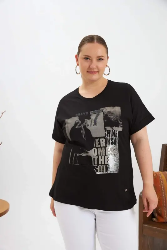 Plus Size Printed T-Shirt Black - 1