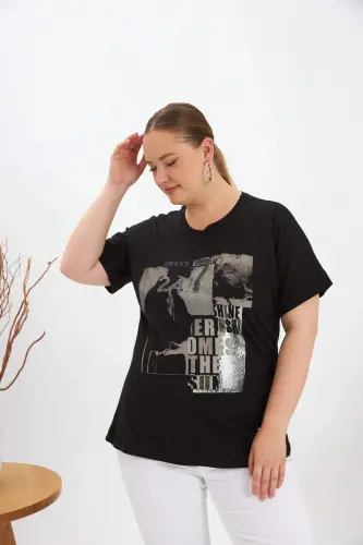Plus Size Printed T-Shirt Black - BÜYÜKBEDENIZ (1)