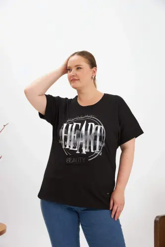 Plus Size Printed T-Shirt Black - BÜYÜKBEDENIZ (1)