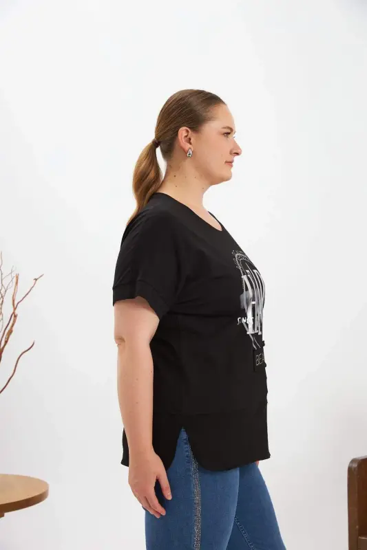 Plus Size Printed T-Shirt Black - 3