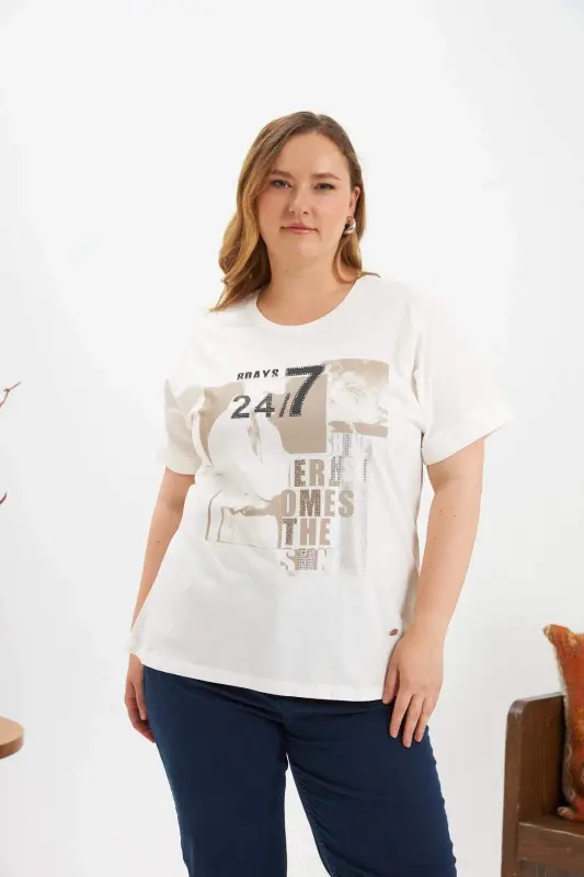Plus Size Printed T-shirt Ecru - BÜYÜKBEDENIZ