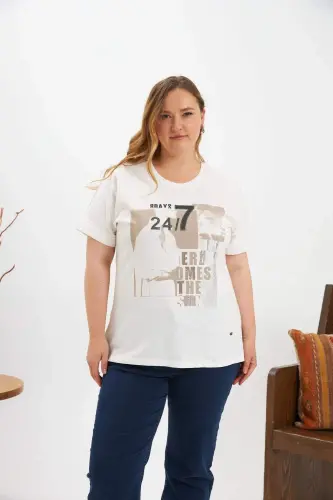 Plus Size Printed T-shirt Ecru - BÜYÜKBEDENIZ (1)