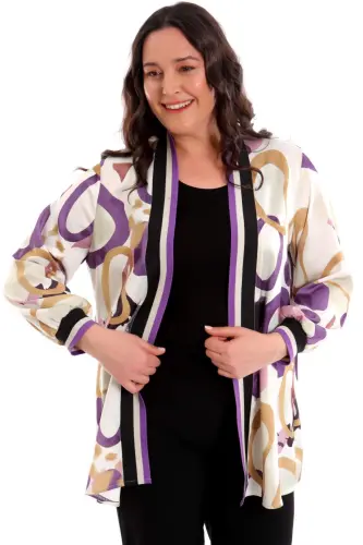 Plus Size Purple Jacket with Hoop Pattern and Banded Collar - 1
