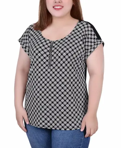 Plus Size Qisqa Yengli Yarim Fermuarli Trikotaj Top - 1