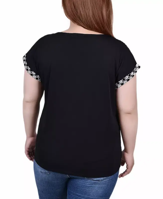 Plus Size Qisqa Yengli Yarim Fermuarli Trikotaj Top - 2