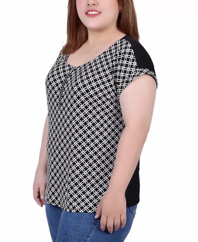 Plus Size Qisqa Yengli Yarim Fermuarli Trikotaj Top - 3