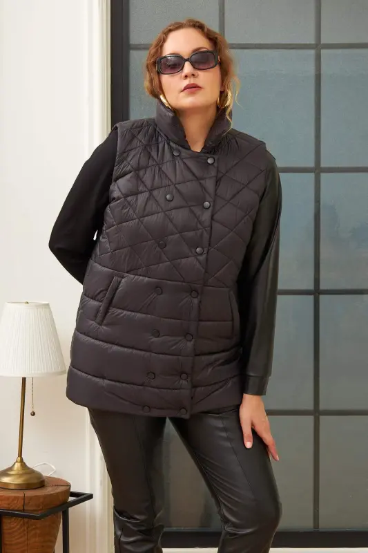 Plus Size Quilted Black Vest - 1