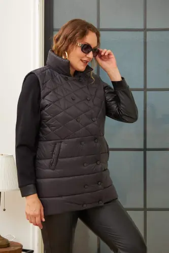 Plus Size Quilted Black Vest - BÜYÜKBEDENIZ (1)