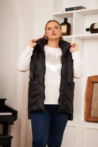 Plus Size Quilted Hooded Vest Black - BÜYÜKBEDENIZ (1)