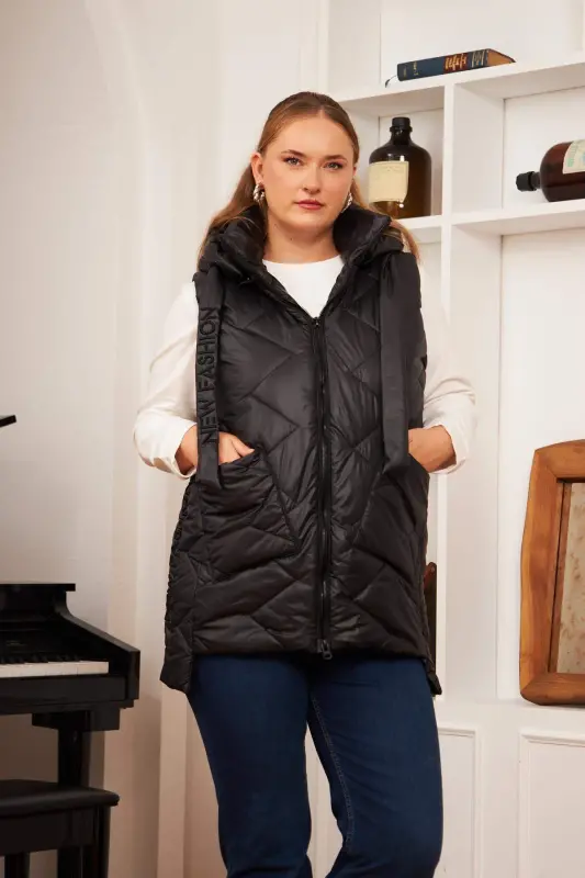 Plus Size Quilted Hooded Vest Black - 4