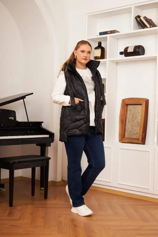 Plus Size Quilted Hooded Vest Black - 5